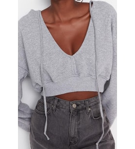 Relaxed Kapüşonlu Düşük Kol Crop Kalın İçi Polarlı V Yaka Rahat Kesim Crop Örme Sweatshirt