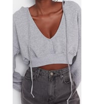 Relaxed Kapüşonlu Düşük Kol Crop Kalın İçi Polarlı V Yaka Rahat Kesim Crop Örme Sweatshirt