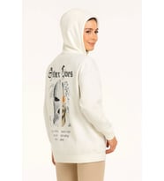 Üç İplik Kapşonlu ön Ve Arka Baskılı SweatShirt Hoodie- Beyaz