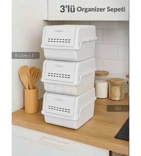 3'lü Set Organizer Erzak Kutusu Bpa Free Saklama Kutusu Soğanlık Sebzelik Sepet Gri 8 Lt x 3