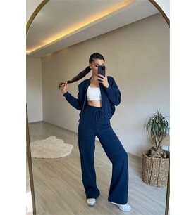 Neşeli butik kadın fermuarlı oversize sweat ve yüksek bel eşofman takımı NM018 (Lacivert)