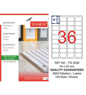 Tanex Lazer Etiket tw-2036 100 A4 Sayfa Laser Etiket 45 X 30 mm Boyutunda 1 A4 Sayfada 36 Etiket