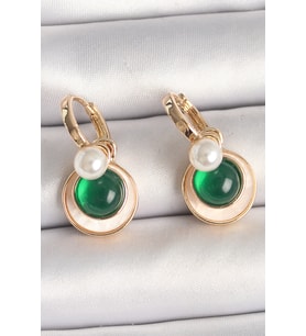 Pirinç Gold Renk Beyaz Yeşil Sallantı Mineli Kadın Küpe 5886 - SSSSSS9470-1556