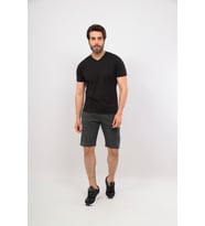 Erkek V Yaka Tshirt Şort Cep Fermuarlı Alt Üst Takım (Füme-Siyah)