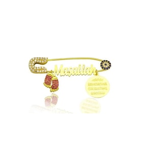 925 Ayar Gümüş Maşallah Yazılı Bebek İğnesi (Gold)