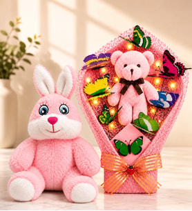 LED Işıklı Peluş Ayıcık Buketi ve Pembe Peluş Tavşan Sevgiliye Arkadaşa Anneye Kadına Hediye