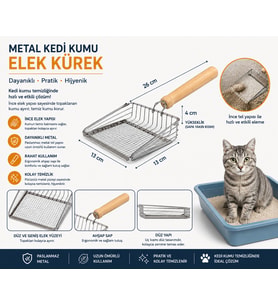Metal Kedi Kumu Elek Kürek Ahşap Saplı Paslanmaz Kum Küreği 26 cm