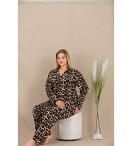 Büyük Beden Leopar Desenli Düğmeli Uzun Kol Viskon Pijama Takımı