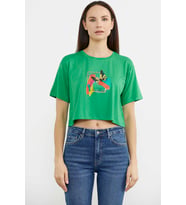 Oversize Baskılı Crop Tişört - Yeşil