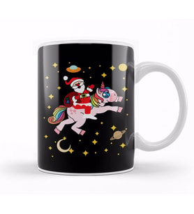 Cute Santa Claus Riding a Unicorn Through Space Kupa Bardak Porselen