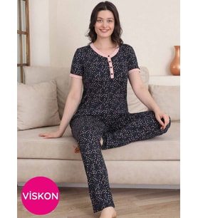 Kadın Lacivert Çiçek Desen Bisiklet Yaka 3 Düğmeli Likralı Viskon Kısa Kol Pijama Takımı