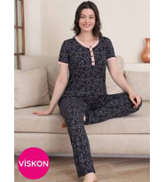 Kadın Lacivert Çiçek Desen Bisiklet Yaka 3 Düğmeli Likralı Viskon Kısa Kol Pijama Takımı
