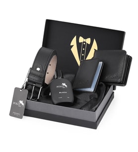 Polo Air Erkek Damat Bohçası Kutulu 4'lü Klasik Set Kemer, Cüzdan, Kartlık, Parfüm P-DMT-0012 (Siyah)