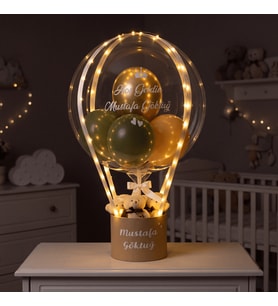 Kişiye Özel Led Işıklı, Kraft Kutulu, Yeşil ve Gold Balonlu Peluş Ayıcıklı Tasarım - Yeni Doğan Hediyesi