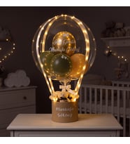Kişiye Özel Led Işıklı, Kraft Kutulu, Yeşil ve Gold Balonlu Peluş Ayıcıklı Tasarım - Yeni Doğan Hediyesi