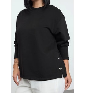 Büyük Beden Bisiklet Yaka Standart Kol Çıtçıt Detaylı Normal Kalıp Örme Sweatshirt (Siyah)