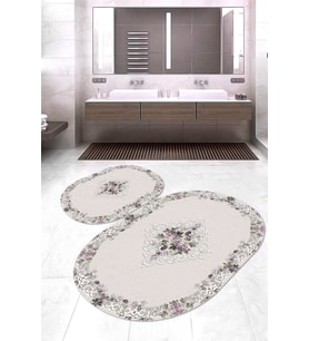 Dijital Baskılı Kaymaz Taban Yıkanabilir Oval 2'li Klozet Takımı Banyo Paspası NOKZ-SD-404 (Krem)