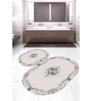 Dijital Baskılı Kaymaz Taban Yıkanabilir Oval 2'li Klozet Takımı Banyo Paspası NOKZ-SD-404 (Krem)
