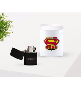BK Gift Kişiye Özel Babalar Günü Hediyesi Süper Baba Tasarımlı Seramik Kül Tablası ve Benzinli Çakmak Seti-1 (Model 1)