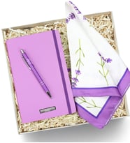 Kişiye Özel Mor Defter & Gümüş Detaylı Tükenmez Kalem &  Lavanta Tasarım Fular Hediye Seti