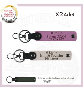 Motor Severlere, İsim Plaka ve 0 Rh (-) Kan Grubu, Özel Tasarım Deri x2 Anahtarlık, Pudra-Pembe-Ysl (Çok Renkli)