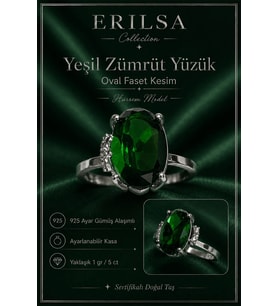 Sertifikalı Yeşil Zümrüt Hürrem Model Oval Faset Kesim 5 Karat 925 Ayar Gümüş Ayarlanabilir Yüzük