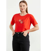 Oversize Baskılı Crop Tişört - Mercan
