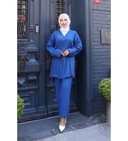 Bağlama Detaylı Kimono Takım İndigo