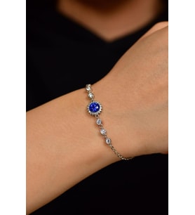 Safir Taşlı Rodyum Yuvarlak Anturaj Gümüş Bileklik