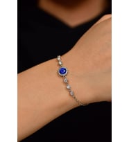 Safir Taşlı Rodyum Yuvarlak Anturaj Gümüş Bileklik