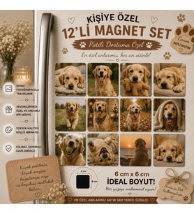 12'li Kare Fotoğraf Magneti Evcil Hayvana Kişiselleştirilebilir Patili Dost Hediye Seti