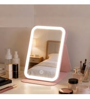LED Işıklı Katlanabilir Makyaj Aynası - 3 Renk Işık Modlu, Dokunmatik ve Ayarlanabilir Parlaklık (Kısılabilir) - Kılıflı Taşınabilir Seyahat Boy - Masaüstü Kozmetik Aynası (Pembe)