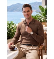 DeepSEA Erkek Slim Fit Tüylenmeyen Çizgi Dokulu Beyaz Triko Kazak – Fermuarlı Polo Yaka 2700401