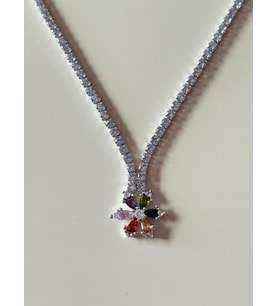 İpekish  Renkli Taşlı, Çiçek Figürlü, Silver Kolye – Tam Tur, Zirkon Kaplama, Paslanmaz Çelik, 45 cm (Gümüş Gri)