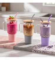 1000 ml Cam Matara Kupa Bardak - Bambu Kapaklı - Silikon Kılıflı - Çelik Pipetli