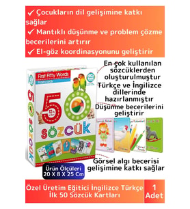 Premium Eğitici Zeka Geliştirici Yabancı Dil Öğretici Çocuk İlk 50 Sözcük İngilizce Türkçe Kartlar