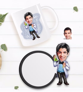BK Gift Kişiye Özel Erkek Kimyager Karikatürlü Beyaz Kupa ve Ahşap Bardak Altlığı Hediye Seti-2