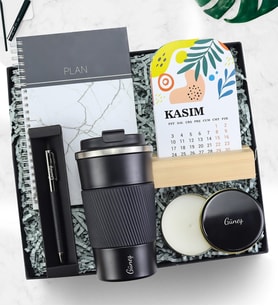 Kişiye Özel Defter & Masa Takvimi & Mum & Kalem & Termos Hediye Seti