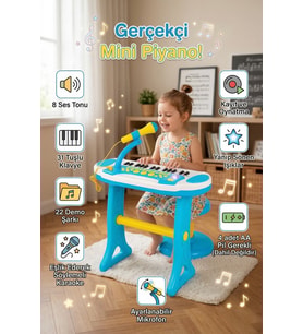 Mikrofonlu Tabureli Çocuk Piyano Org Seti - 31 Tuşlu Işıklı Sesli Eğitici Müzik Aleti Oyuncağı