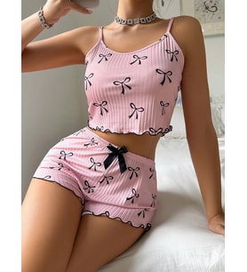 Giyim Kadın Siyah  Fiyonklu Şortlu Takım Mini Pembe Rahat