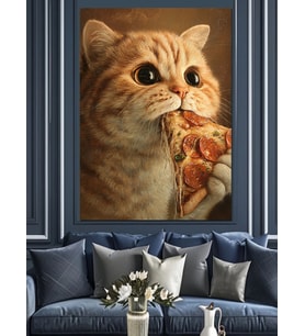 Pizza Yiyen Kedi Resmi Dekoratif Kanvas - Mdf Ahşap Tablo