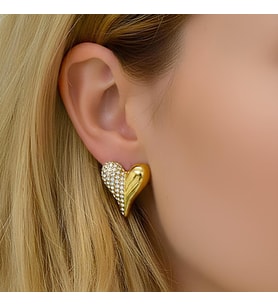 Bontexs Özel Tasarım İkili Kalp Küpe Bir Yanı Işıltılı Kristal Taş İşlemeli, Bir Yanı Parlak Gold Bitişli Şık  Günlük Küpe Altın Renk Zirkon Taş Detaylı Büyük Kalp Küpe -Özel Gün Hediyesi Tasarım Takı (Sarı Altın)