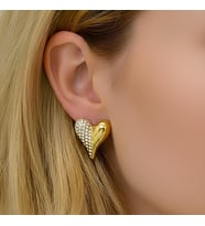 Bontexs Özel Tasarım İkili Kalp Küpe Bir Yanı Işıltılı Kristal Taş İşlemeli, Bir Yanı Parlak Gold Bitişli Şık  Günlük Küpe Altın Renk Zirkon Taş Detaylı Büyük Kalp Küpe -Özel Gün Hediyesi Tasarım Takı (Sarı Altın)
