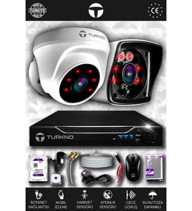 TURKNO 2 Kameralı Karia 1 İç Kamera Set 100 GB HDD Full HD Gece Görüşlü Güvenlik Kamerası Sistemi