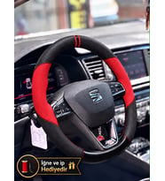 Seat Leon Mk3.5 Dikme Direksiyon Kılıfı Parlak Siyah Kırmızı Detaylı Kırmızı Çift Yüzük ve Dikiş 2017-2020