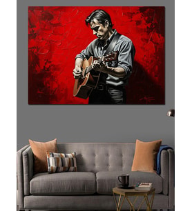 Kırmızı Arka Planda Gitarist Portresi Dekoratif Kanvas - Mdf Ahşap Tablo