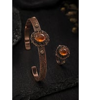 Kadın Bakır Bileklik Yüzük Set Doğal Turuncu Taşlı Otantik Model Set