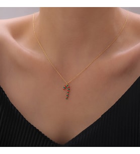 925 Ayar Gümüş Mineli Yılbaşı Baston Şekeri Kolye (Gold)