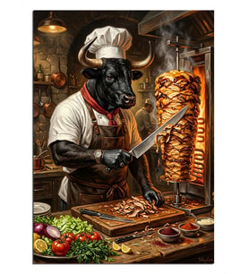 Döner Kesen Boğa Aşçı Şef Komik Dekoratif Kanvas - Mdf Ahşap Tablo