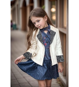 Kız Çocuk Yakası ve Bilekleri Pulpayet İşlemeli Çift Düğmeli Beyaz Blazer Ceket